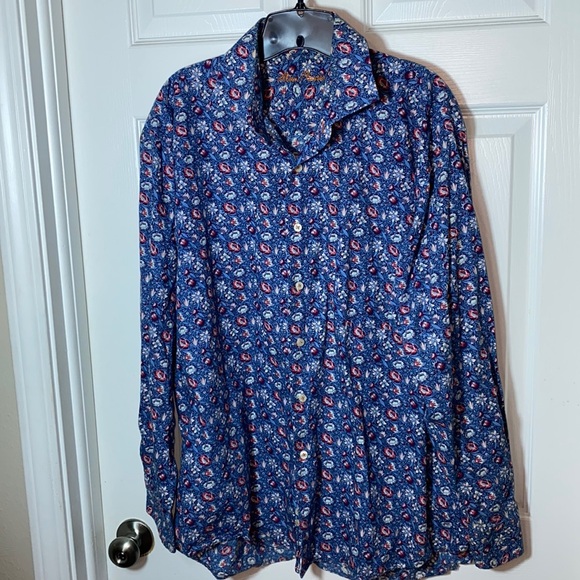 Alan Flusser Men Shirt XL Allover Floral Print Blue Pink Button Up 100% Cotton - Picture 1 of 8